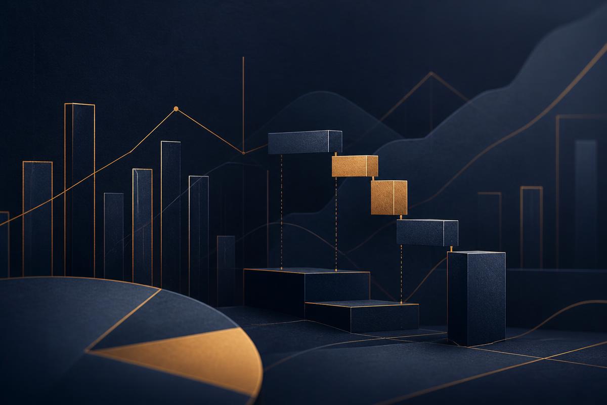 Abstract navy and amber composition representing equity valuation analysis